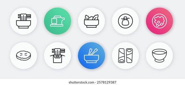 Set line Asian noodles in bowl, Rice, Homemade pie, Guotie, Wonton, Soy sauce and paper box icon. Vector