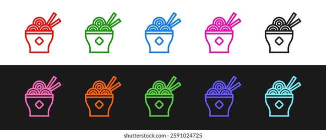 Set line Asian noodles in bowl and chopsticks icon isolated on black and white background. Street fast food. Korean, Japanese, Chinese food.  Vector