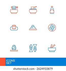 Set line Asian noodles in bowl, Served fish on plate, Chinese tea egg, cucumber, Soy sauce, Rice, bottle and Ramen soup icon. Vector