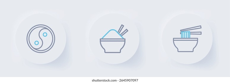 Set line Asian noodles in bowl, Rice with chopstick and Yin Yang icon. Vector