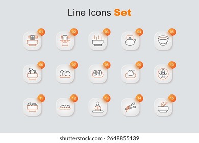 Set line Asian noodles in bowl, Food chopsticks with, Bottle of sake, Fish steak, Served fish on plate, Mochi and Sushi icon. Vector