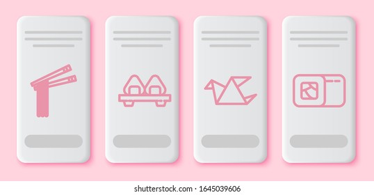 Set line Asian noodles and chopsticks, Sushi on cutting board, Origami bird and Sushi. White rectangle button. Vector