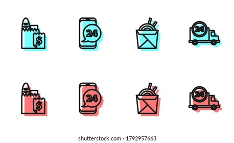 Set line Asian noodles and chopsticks, Online ordering delivery, Food and Fast by car icon. Vector