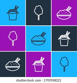 Set line Asian noodles and chopsticks, Rice in bowl with and Cotton candy icon. Vector