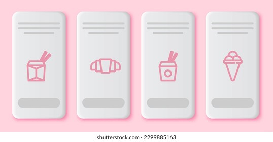 Set line Asian noodles and chopsticks, Croissant,  and Ice cream in waffle cone. White rectangle button. Vector