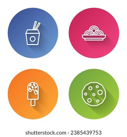 Set line Asian noodles and chopsticks, in bowl, Ice cream and Cookie or biscuit. Color circle button. Vector