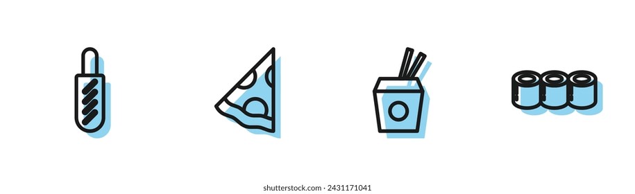 Set line Asian noodles and chopsticks, Hotdog sandwich, Slice of pizza and Sushi icon. Vector