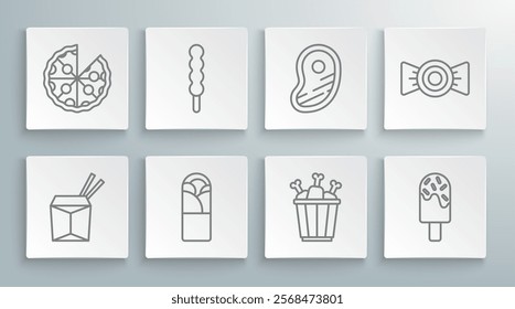 Set line Asian noodles and chopsticks, Lollipop, Doner kebab, Chicken leg in package box, Ice cream, Steak meat, Candy and Pizza icon. Vector