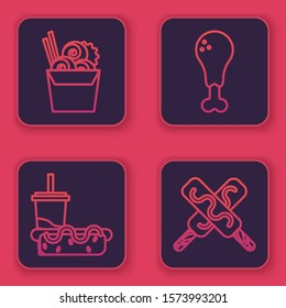 Set line Asian noodles in paper box and chopsticks, Paper glass with drinking straw and hotdog, Chicken leg and Ice cream. Blue square button. Vector