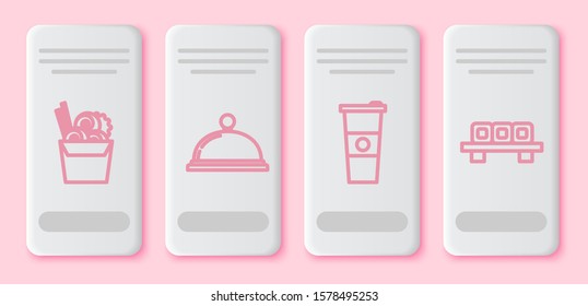 Set line Asian noodles in paper box and chopsticks, Covered with a tray of food, Paper glass and water and Sushi on cutting board. White rectangle button. Vector