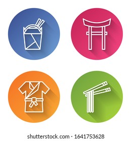Set line Asian noodles in paper box and chopsticks, Japan Gate, Japanese costume Kimono and Asian noodles and chopsticks. Color circle button. Vector