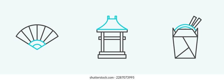 Set line Asian noodles in paper box and chopsticks, Paper chinese or japanese folding fan and Japan Gate icon. Vector