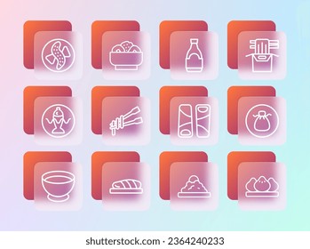 Set line Asian noodles in paper box, Fish steak, Guotie, Rice bowl, Food chopsticks with, Soy sauce bottle, Served cucumber on plate and Chow mein icon. Vector