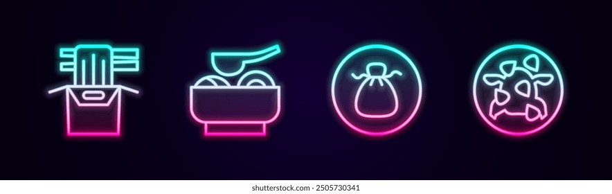 Set line Asian noodles in paper box, Ramen soup bowl, Wonton and Kung Pao chicken. Glowing neon icon. Vector