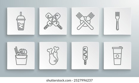 Set line Asian noodles in paper box and chopsticks, Ice cream, Chicken leg, Paper glass water, Crossed fork, Fork and Glass of lemonade with drinking straw icon. Vector