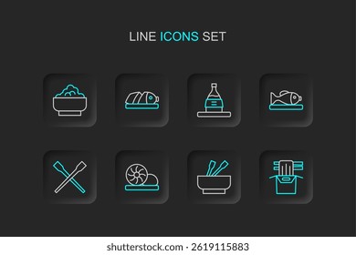Set line Asian noodles in paper box, bowl, Xiao long bao, Food chopsticks, Served fish plate, Bottle of sake, Fish with sliced pieces and Rice icon. Vector