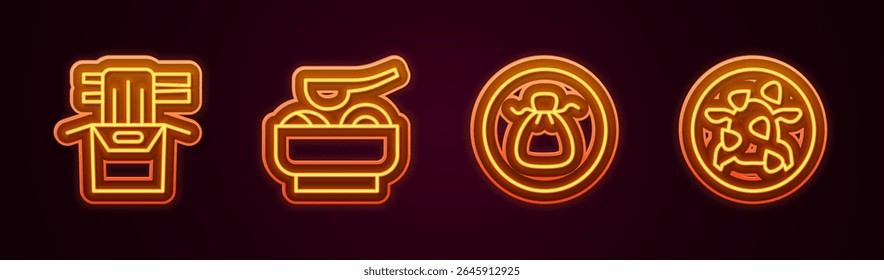 Set line Asian noodles in paper box, Ramen soup bowl, Wonton and Kung Pao chicken. Glowing neon icon. Vector