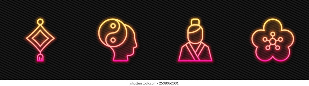 Set line Asian woman, Chinese paper lantern, Yin Yang symbol and Lotus flower. Glowing neon icon. Vector