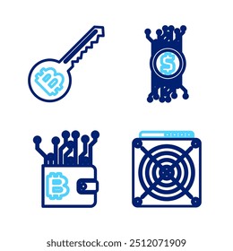 Set line ASIC Miner, Cryptocurrency wallet, bitcoin circuit and key icon. Vector