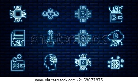 Set line ASIC Miner, Cryptocurrency cloud mining, CPU farm, Bitcoin plant the pot, Smart contract, Processor, chip with dollar and Blockchain technology icon. Vector