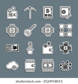 Definir linha ASIC Mineiro, Processador chip com dólar, tecnologia Blockchain, Prova de participação, chave criptomoeda, fazenda de mineração CPU e ícone. Vetor