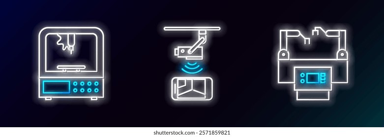 Set line Assembly line, 3D printer and Wireless Controlling CCTV security camera icon. Glowing neon. Vector