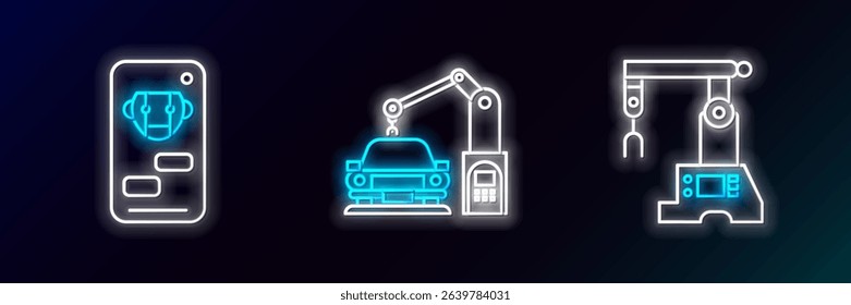 Set line Assembly line, Bot and Industrial machine robotic robot arm hand icon. Glowing neon. Vector