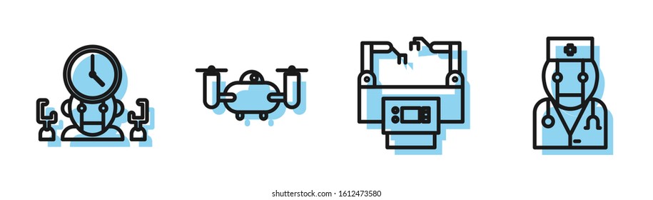 Set line Assembly line, Robot and digital time manager, Drone flying with action camera and Robot doctor icon. Vector