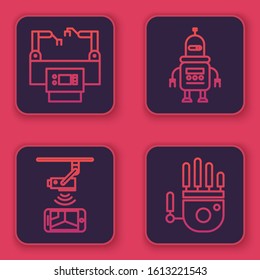 Set line Assembly line, Wireless Controlling CCTV security camera, Robot and Mechanical robot hand. Blue square button. Vector