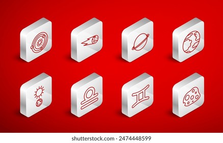 Set line Asteroid, Comet falling down fast, Planet Saturn, Mercury, Gemini zodiac, Solar system, Libra and Solstice icon. Vector