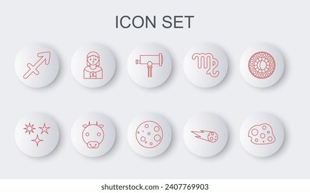 Set line Asteroid, Falling star, Telescope, Comet falling down fast, Sagittarius zodiac, Astrology woman, Ox and Moon icon. Vector