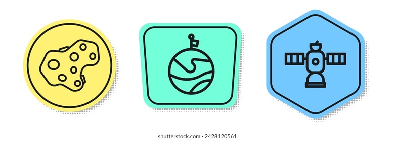 Set line Asteroid, Moon with flag and Satellite. Colored shapes. Vector
