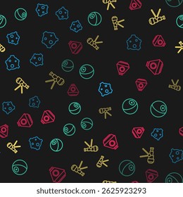 Set line Asteroid, Planet, Telescope and Space capsule on seamless pattern. Vector