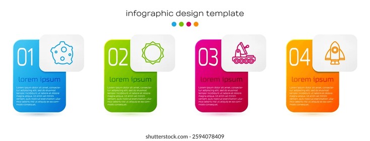 Set line Asteroid, Sun, Mars rover and Rocket ship. Business infographic template. Vector