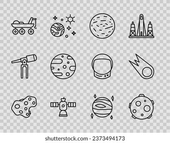 Set line Asteroid, UFO abducts cow, Planet Mars, Satellite, rover, dish, Venus and Comet falling down fast icon. Vector