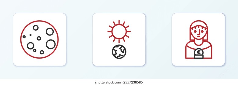 Set line Astrology woman, Moon and Solstice icon. Vector