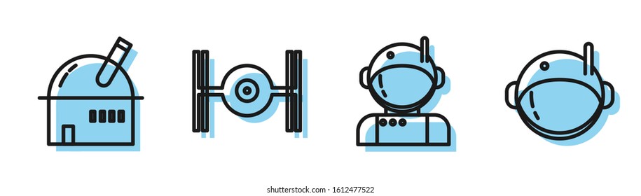 Set line Astronaut, Astronomical observatory, Cosmic ship and Astronaut helmet icon. Vector