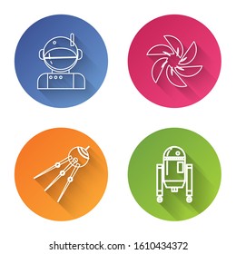 Set line Astronaut, Black hole, Satellite and Robot. Color circle button. Vector