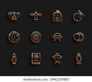 Set line Astronaut, Book by astronomy, Solar system, Planet, Alien, Black hole, Eclipse of the sun and UFO flying spaceship icon. Vector