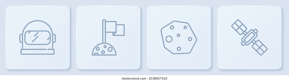 Set line Astronaut helmet, Asteroid, Moon with flag and Satellite. White square button. Vector