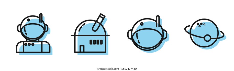 Set line Astronaut helmet, Astronaut, Astronomical observatory and Planet icon. Vector