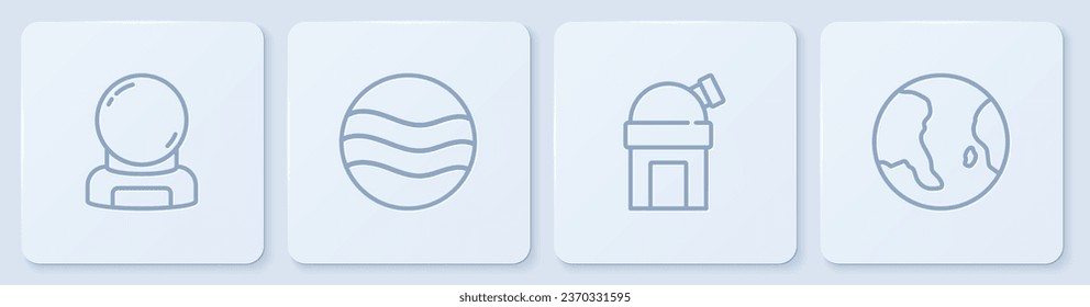 Set line Astronaut helmet, Astronomical observatory, Planet and Earth globe. White square button. Vector