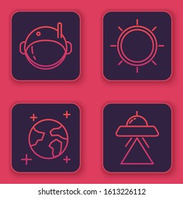 Set line Astronaut helmet, Earth globe, Sun and UFO flying spaceship. Blue square button. Vector