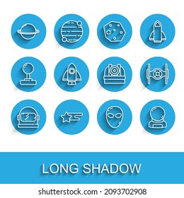 Set line Astronaut helmet, Falling star, Planet Saturn, Alien, Rocket ship, Cosmic and Astronomical observatory icon. Vector