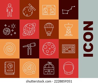 Set line Astronaut helmet, Futuristic hud interface, Satellite dish, Celestial map of the night sky, Space capsule and parachute, planet, Alien and Planet Saturn icon. Vector