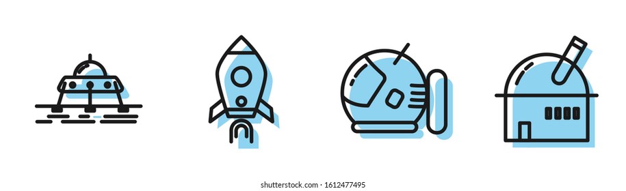 Set line Astronaut helmet, Mars rover, Rocket ship with fire and Astronomical observatory icon. Vector