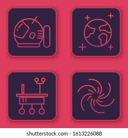 Set line Astronaut helmet, Mars rover, Earth globe and Black hole. Blue square button. Vector