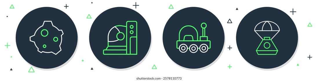 Set line Astronaut helmet, Mars rover, Asteroid and Space capsule icon. Vector