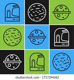Set line Astronaut helmet, Planet Venus and Planet Mars icon. Vector
