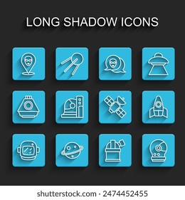 Set line Astronaut helmet, Planet Saturn, Alien, Astronomical observatory, Rocket ship and Satellite icon. Vector